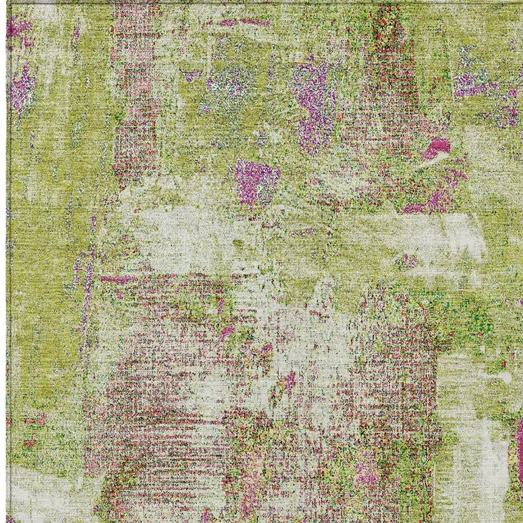 3' X 5' Lime Green Ivory And Pink Abstract Washable Indoor Outdoor Area Rug