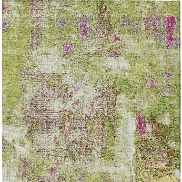 5' X 8' Lime Green Ivory And Pink Abstract Washable Indoor Outdoor Area Rug