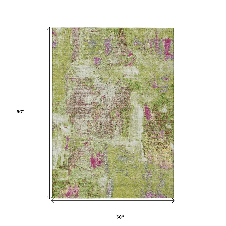 5' X 8' Lime Green Ivory And Pink Abstract Washable Indoor Outdoor Area Rug