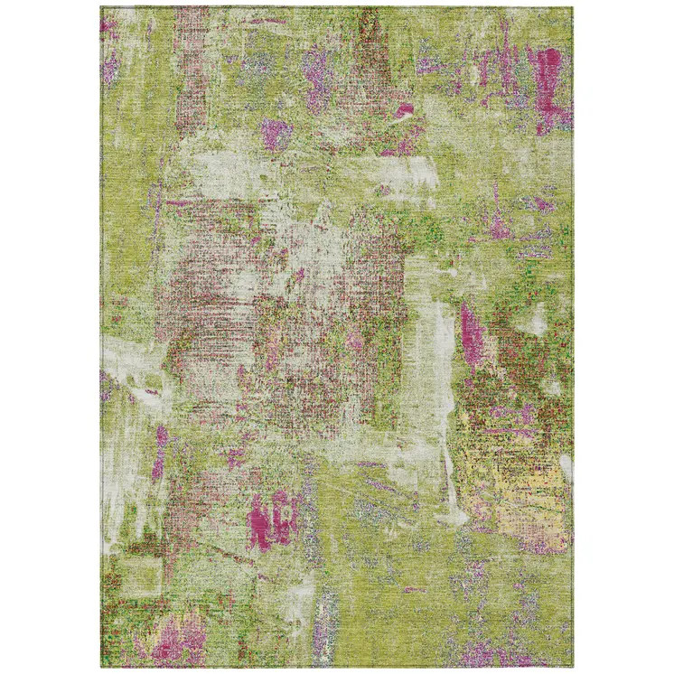 5' X 8' Lime Green Ivory And Pink Abstract Washable Indoor Outdoor Area Rug