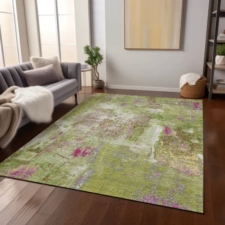 5' X 8' Lime Green Ivory And Pink Abstract Washable Indoor Outdoor Area Rug