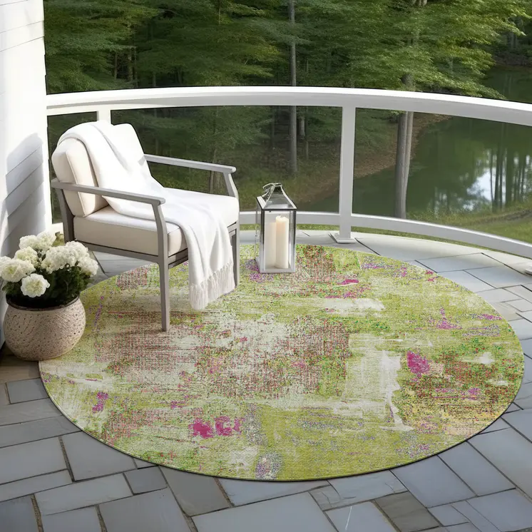 8' Lime Green Ivory And Pink Round Abstract Washable Indoor Outdoor Area Rug