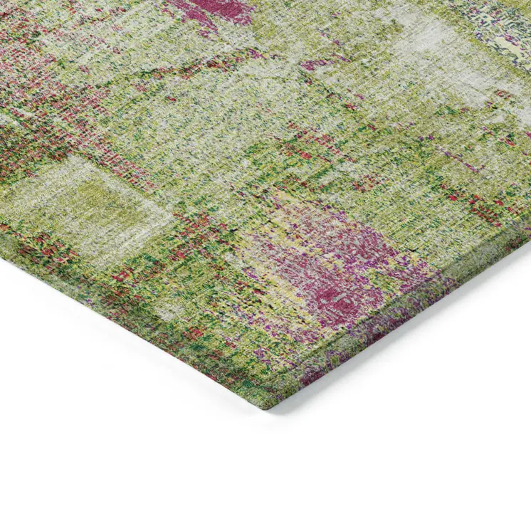 8' Lime Green Ivory And Pink Round Abstract Washable Indoor Outdoor Area Rug