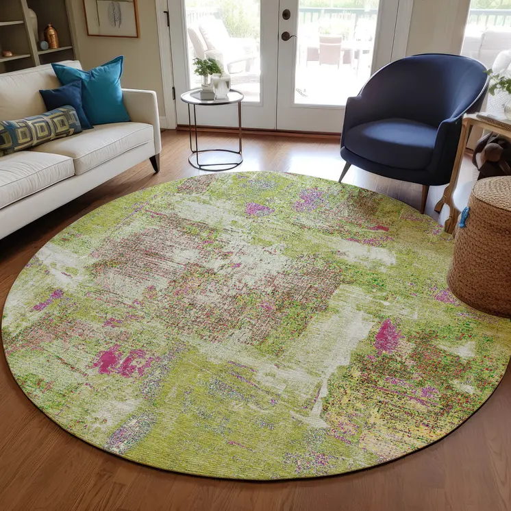 8' Lime Green Ivory And Pink Round Abstract Washable Indoor Outdoor Area Rug