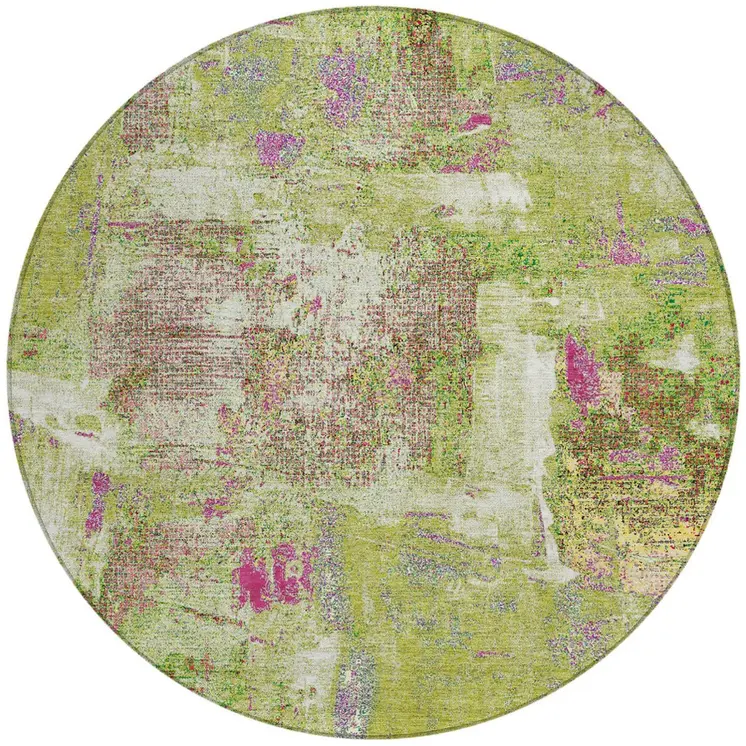 8' Lime Green Ivory And Pink Round Abstract Washable Indoor Outdoor Area Rug