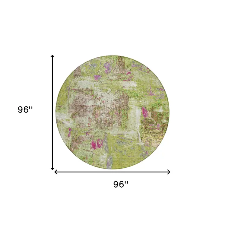 8' Lime Green Ivory And Pink Round Abstract Washable Indoor Outdoor Area Rug