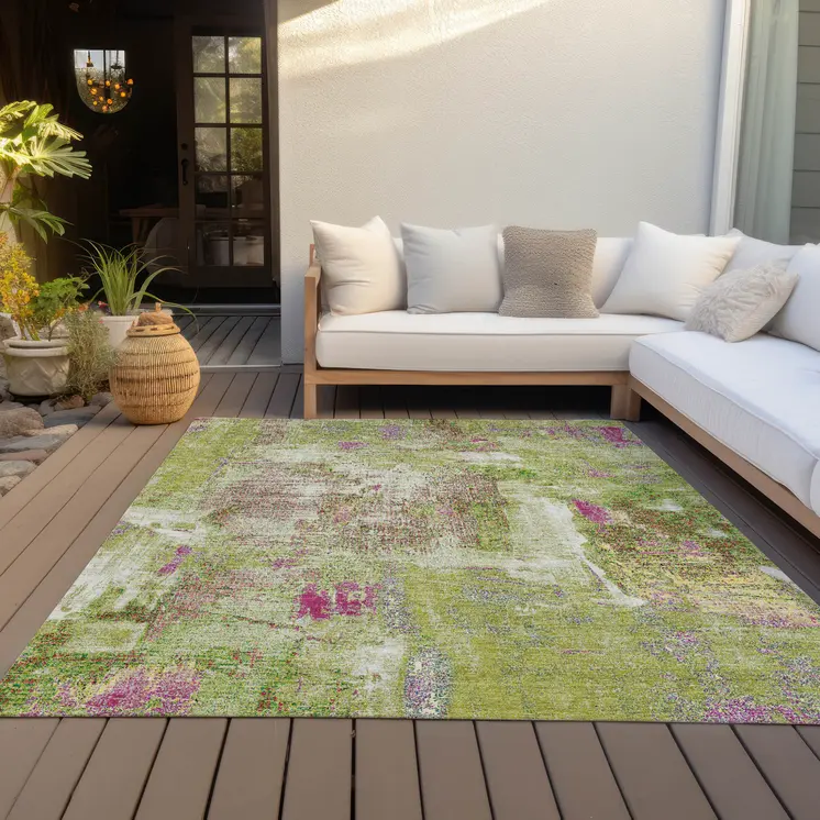 8' X 10' Lime Green Ivory And Pink Abstract Washable Indoor Outdoor Area Rug