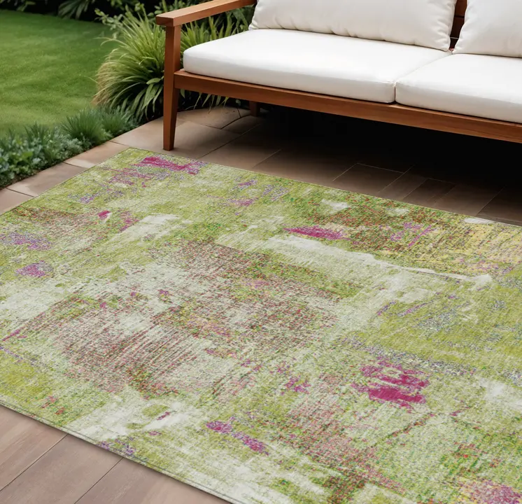 10' X 14' Lime Green Ivory And Pink Abstract Washable Indoor Outdoor Area Rug