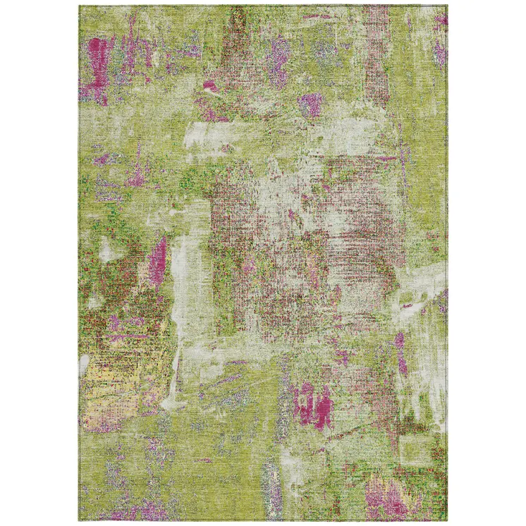 10' X 14' Lime Green Ivory And Pink Abstract Washable Indoor Outdoor Area Rug