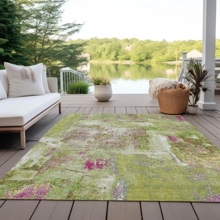 10' X 14' Lime Green Ivory And Pink Abstract Washable Indoor Outdoor Area Rug