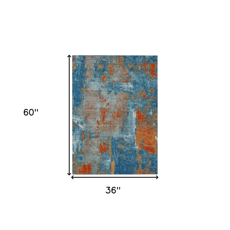 3' X 5' Navy Blue Orange And Ivory Abstract Washable Indoor Outdoor Area Rug