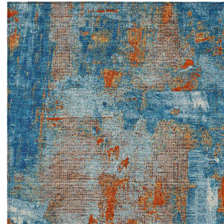 3' X 5' Navy Blue Orange And Ivory Abstract Washable Indoor Outdoor Area Rug
