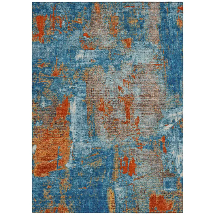 5' X 8' Navy Blue Orange And Ivory Abstract Washable Indoor Outdoor Area Rug