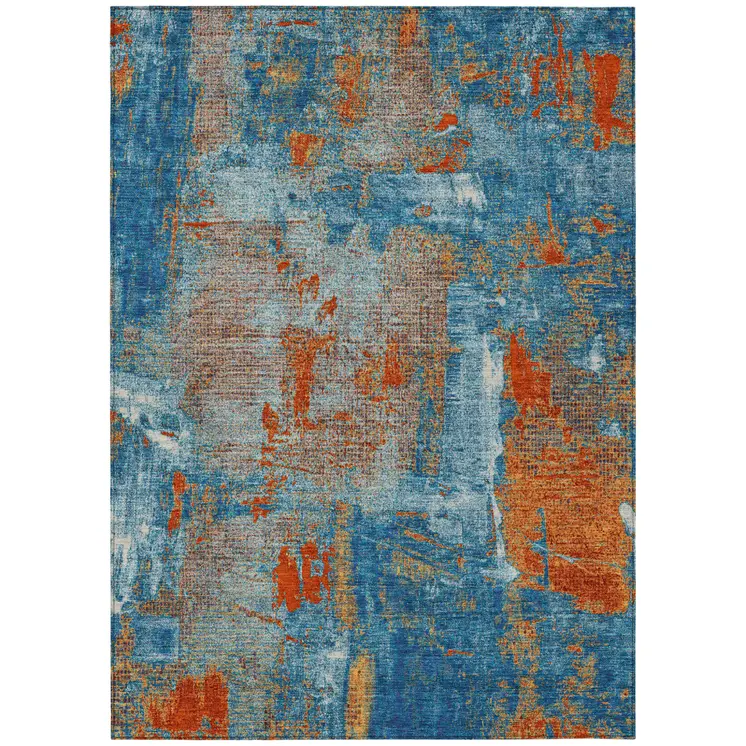5' X 8' Navy Blue Orange And Ivory Abstract Washable Indoor Outdoor Area Rug