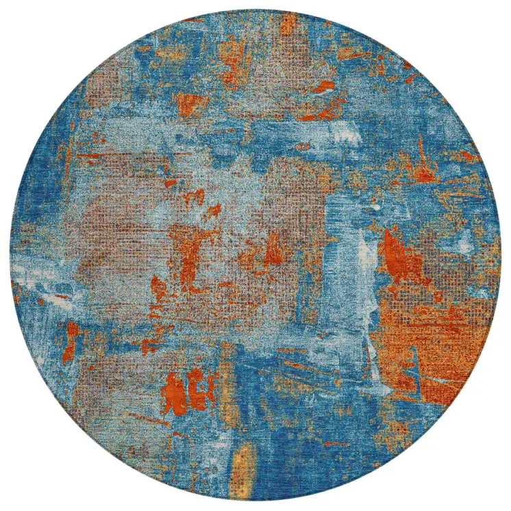 8' Navy Blue Orange And Ivory Round Abstract Washable Indoor Outdoor Area Rug