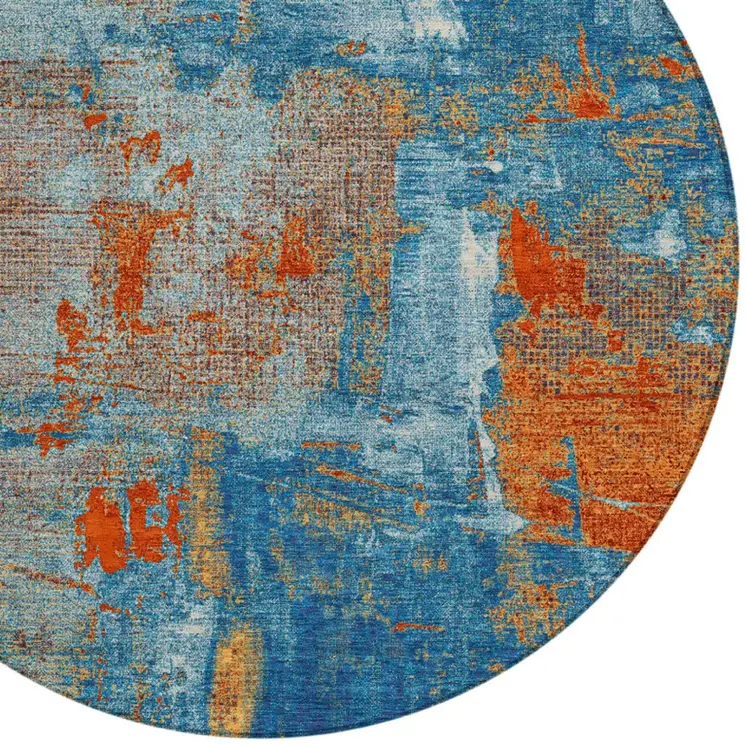 8' Navy Blue Orange And Ivory Round Abstract Washable Indoor Outdoor Area Rug