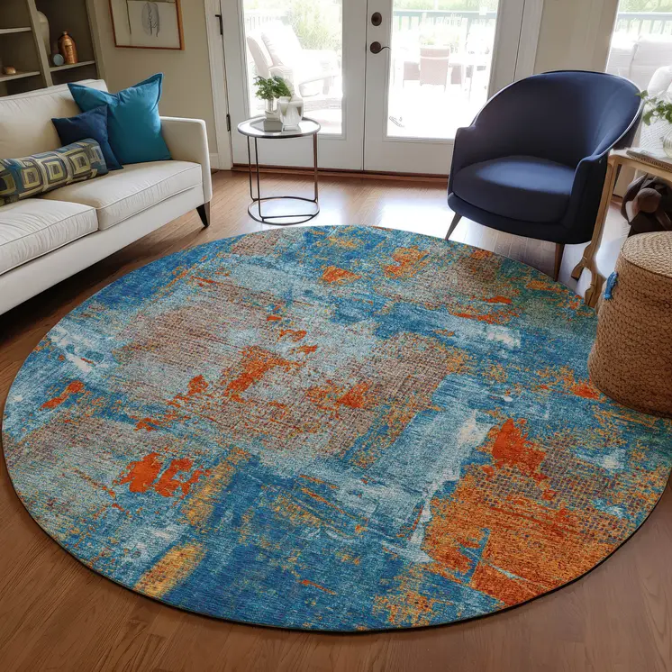 8' Navy Blue Orange And Ivory Round Abstract Washable Indoor Outdoor Area Rug