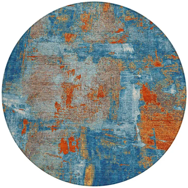 8' Navy Blue Orange And Ivory Round Abstract Washable Indoor Outdoor Area Rug