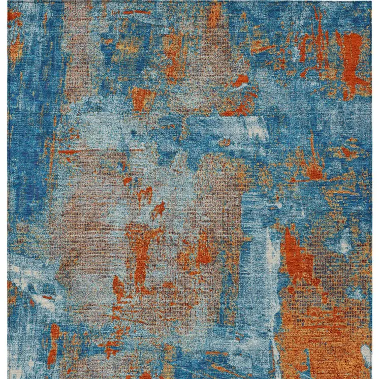 8' X 10' Navy Blue Orange And Ivory Abstract Washable Indoor Outdoor Area Rug