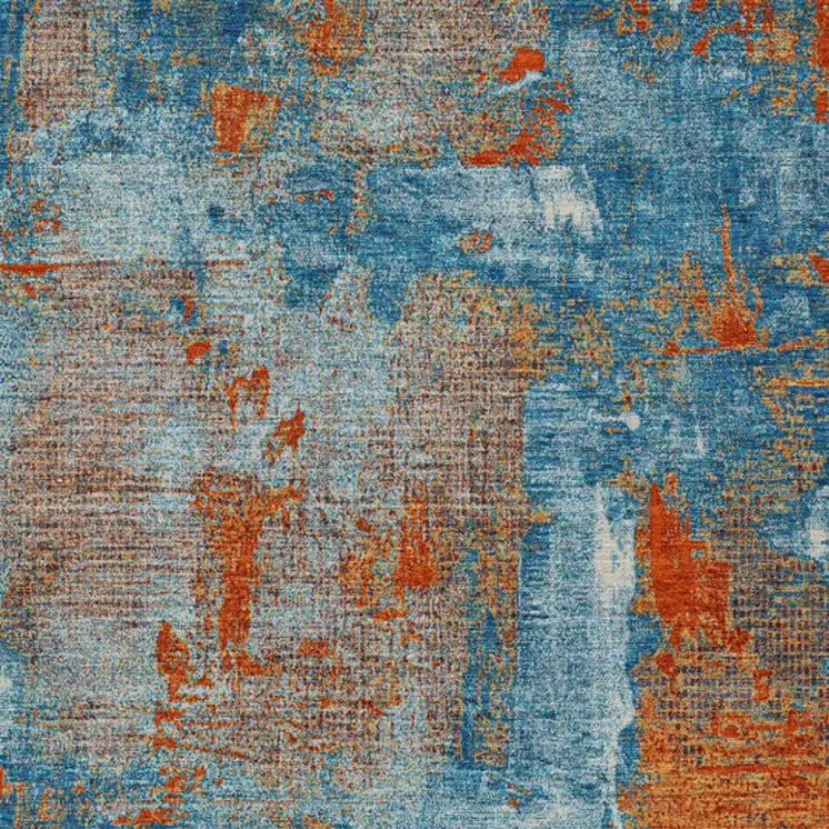 8' X 10' Navy Blue Orange And Ivory Abstract Washable Indoor Outdoor Area Rug