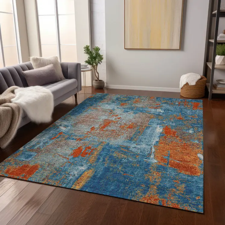 8' X 10' Navy Blue Orange And Ivory Abstract Washable Indoor Outdoor Area Rug