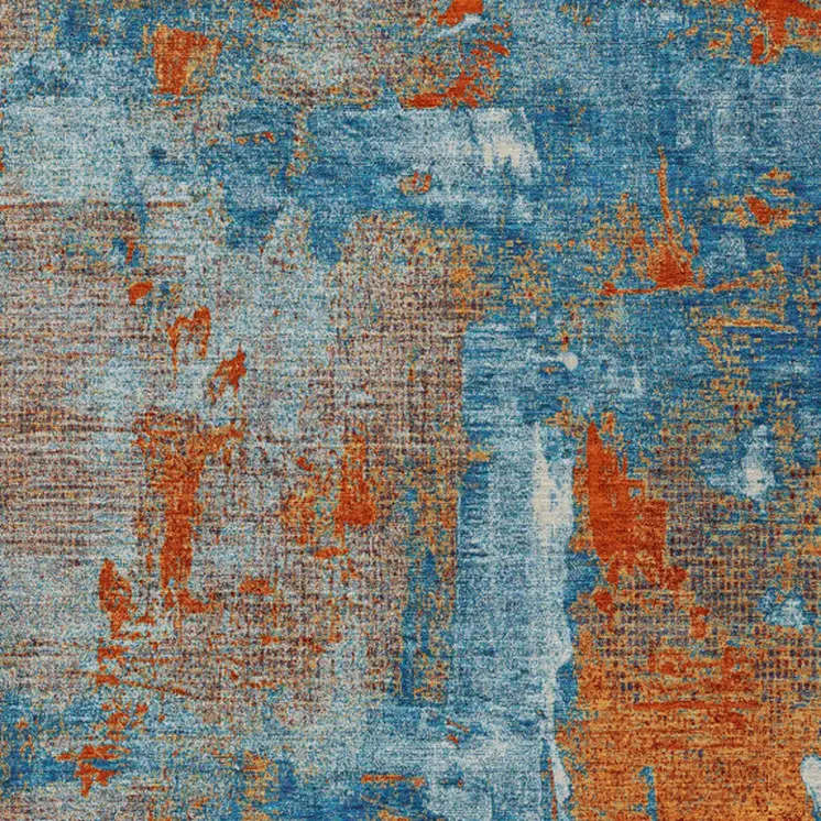 9' X 12' Navy Blue Orange And Ivory Abstract Washable Indoor Outdoor Area Rug