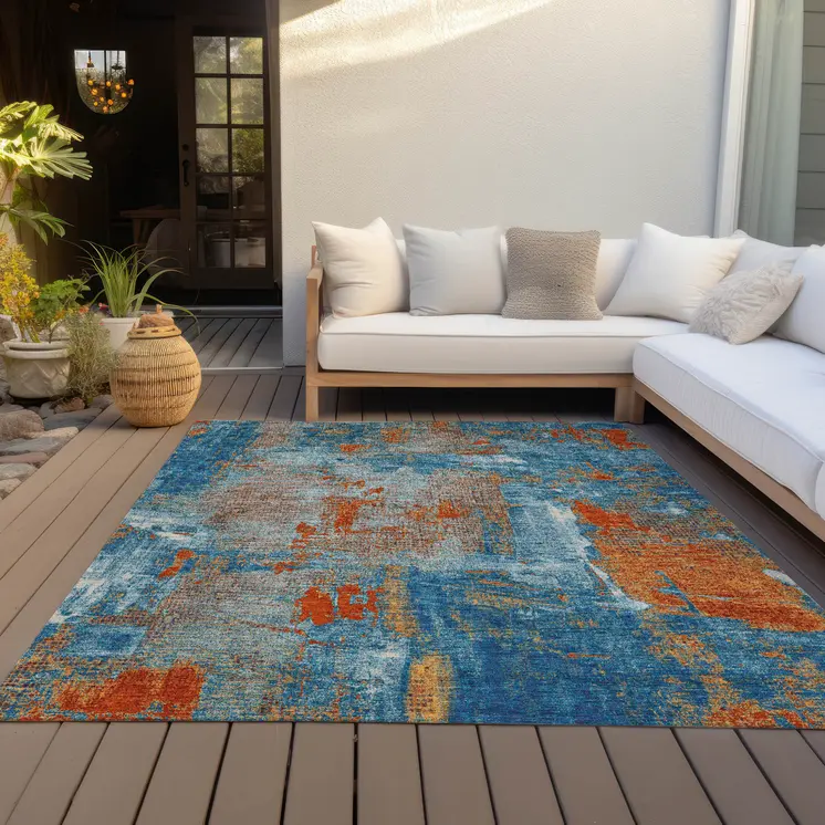 10' X 14' Navy Blue Orange And Ivory Abstract Washable Indoor Outdoor Area Rug