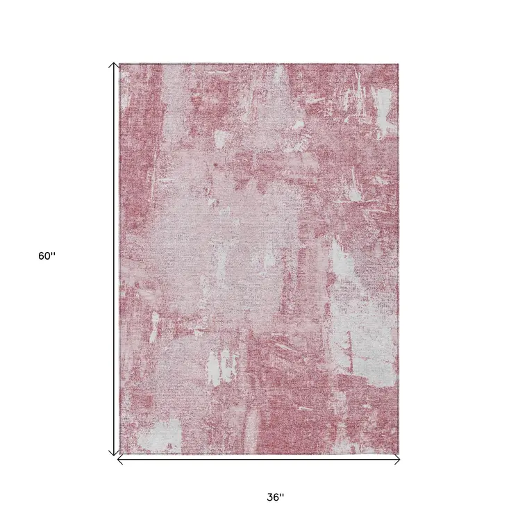 3' X 5' Pink And Ivory Abstract Washable Indoor Outdoor Area Rug