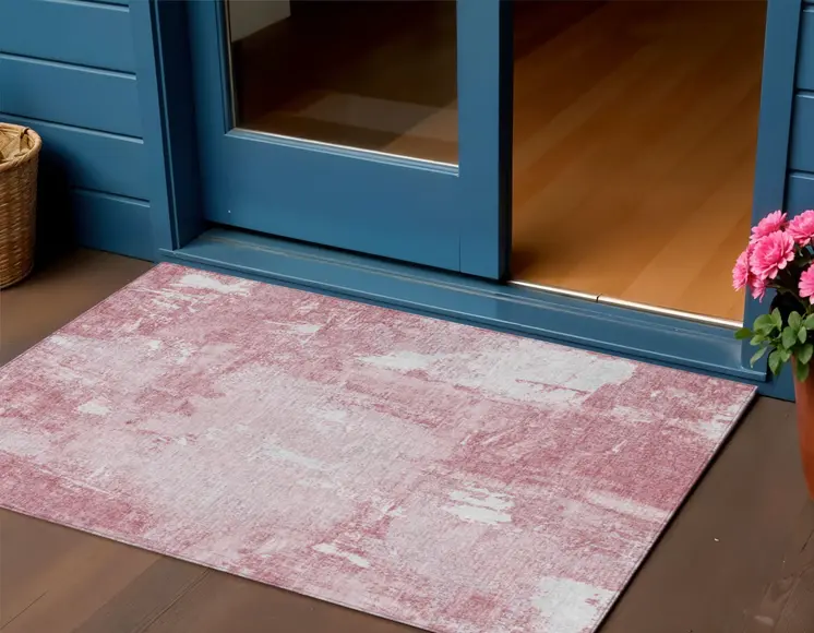 3' X 5' Pink And Ivory Abstract Washable Indoor Outdoor Area Rug