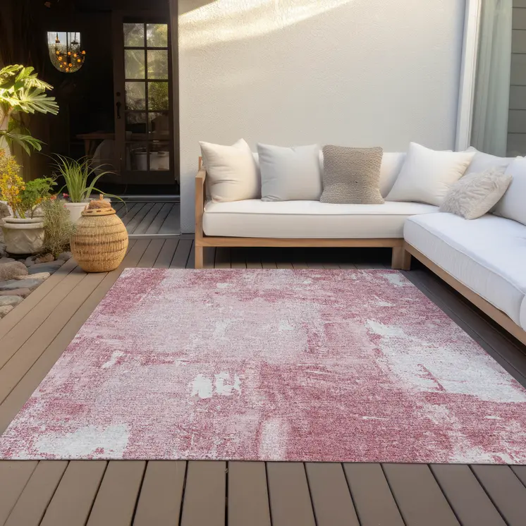 3' X 5' Pink And Ivory Abstract Washable Indoor Outdoor Area Rug