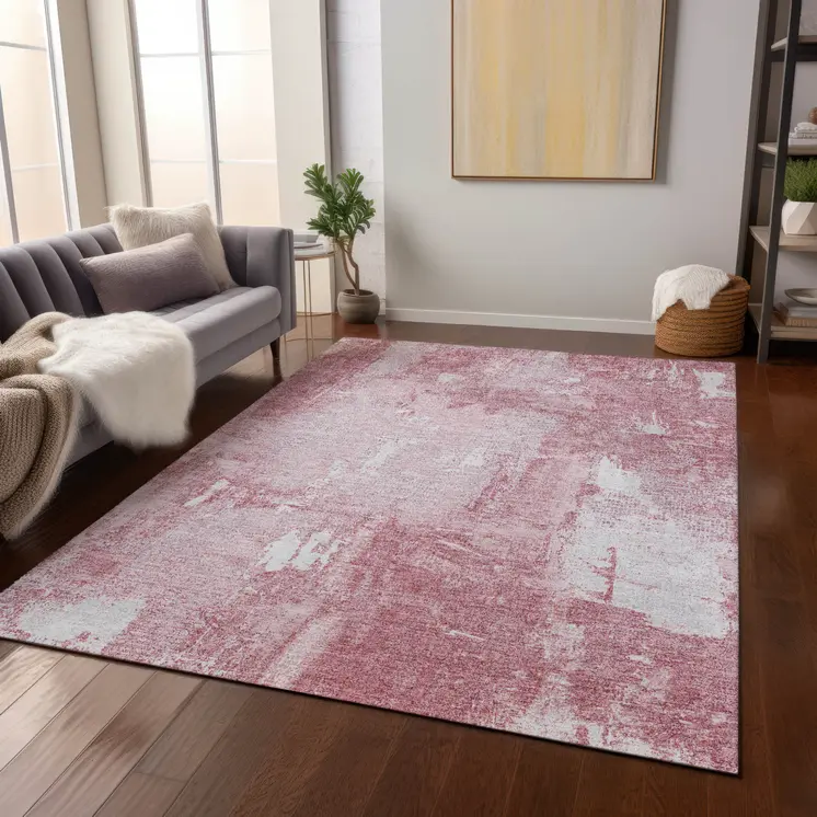 3' X 5' Pink And Ivory Abstract Washable Indoor Outdoor Area Rug