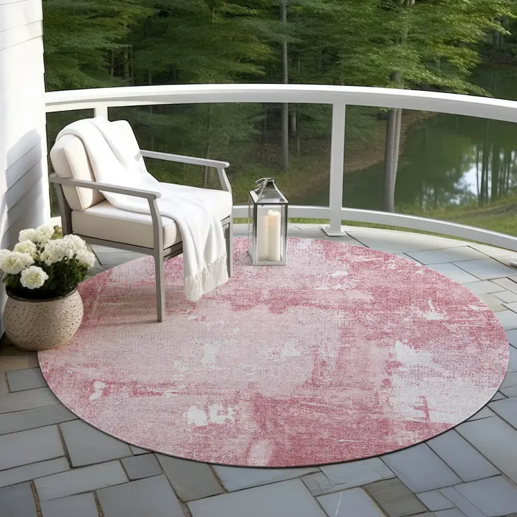 8' Pink And Ivory Round Abstract Washable Indoor Outdoor Area Rug