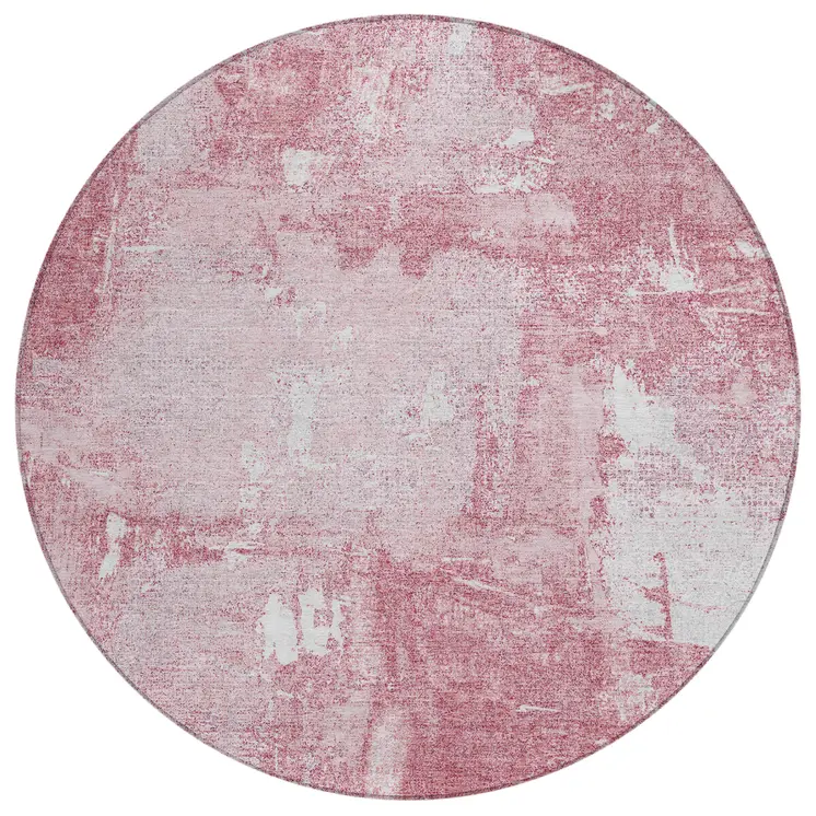 8' Pink And Ivory Round Abstract Washable Indoor Outdoor Area Rug