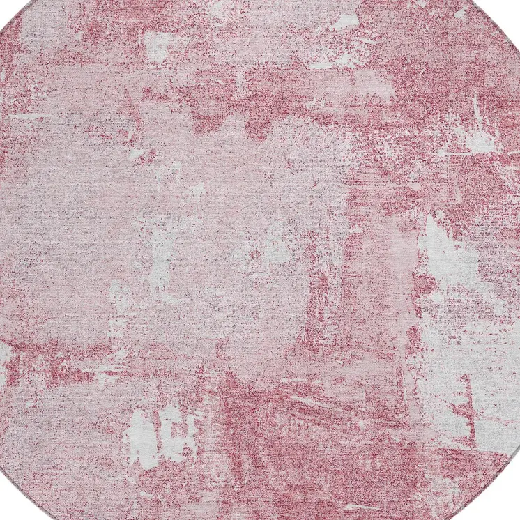 8' Pink And Ivory Round Abstract Washable Indoor Outdoor Area Rug