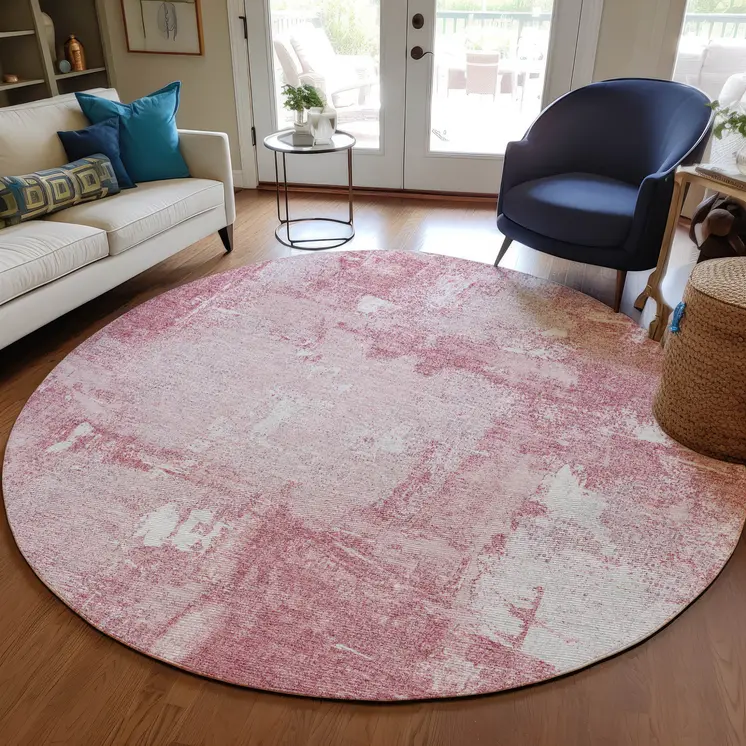 8' Pink And Ivory Round Abstract Washable Indoor Outdoor Area Rug