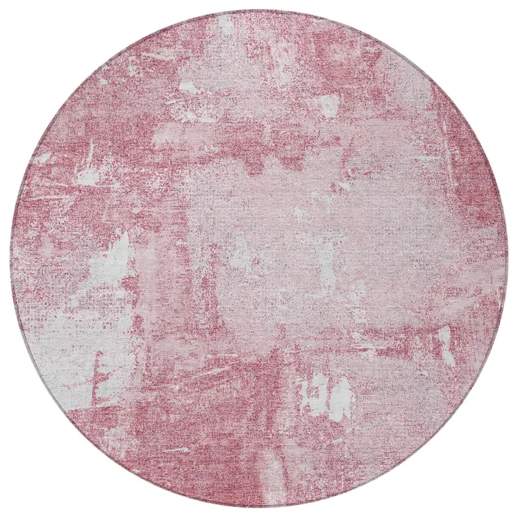 8' Pink And Ivory Round Abstract Washable Indoor Outdoor Area Rug