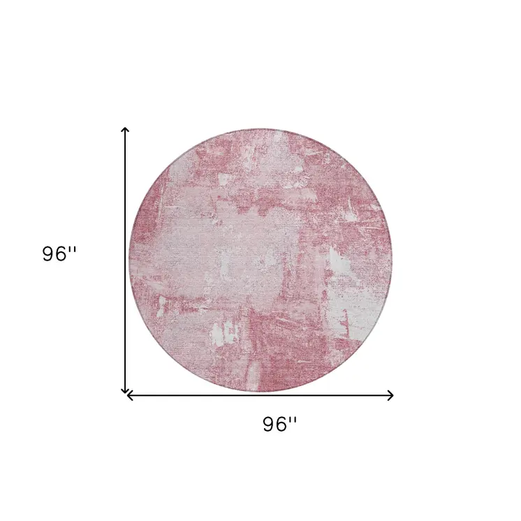 8' Pink And Ivory Round Abstract Washable Indoor Outdoor Area Rug