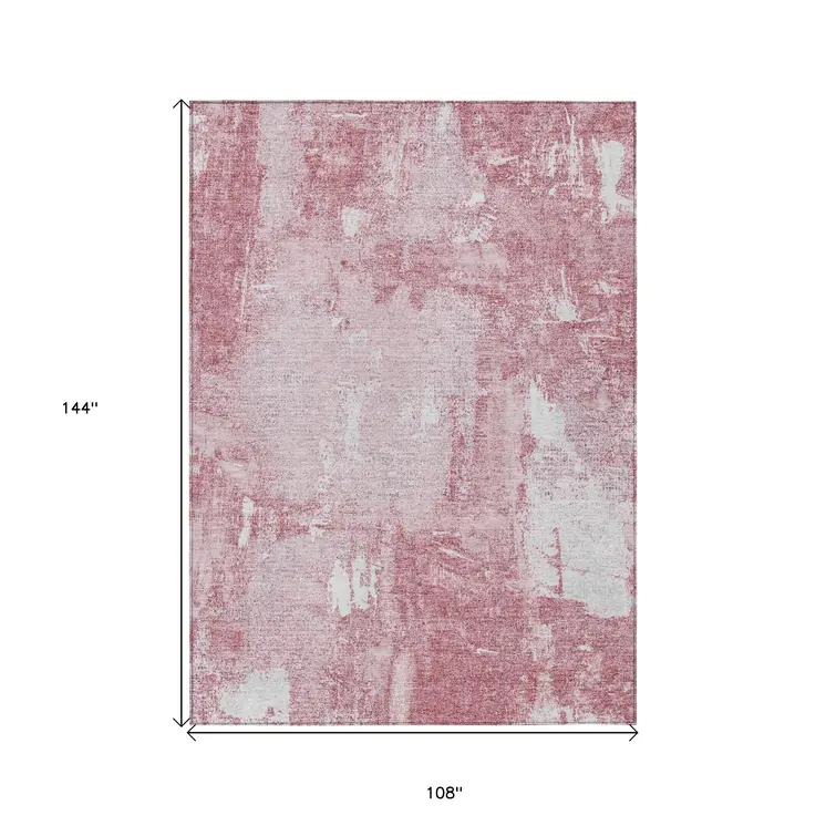 9' X 12' Pink And Ivory Abstract Washable Indoor Outdoor Area Rug