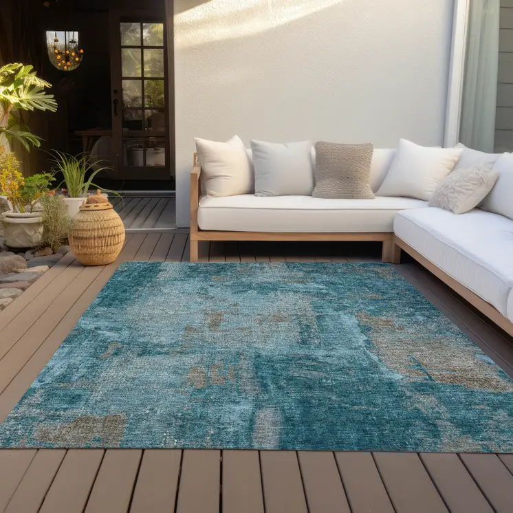 5' X 8' Teal Blue And Gray Abstract Washable Indoor Outdoor Area Rug