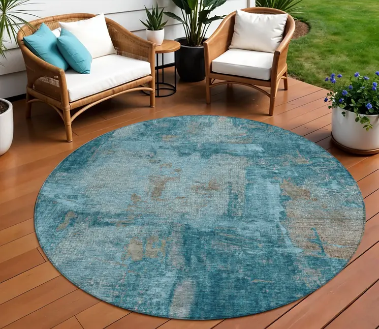 8' Teal Blue And Gray Round Abstract Washable Indoor Outdoor Area Rug