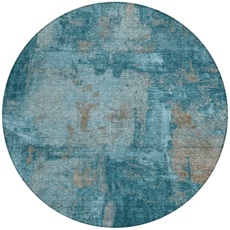 8' Teal Blue And Gray Round Abstract Washable Indoor Outdoor Area Rug
