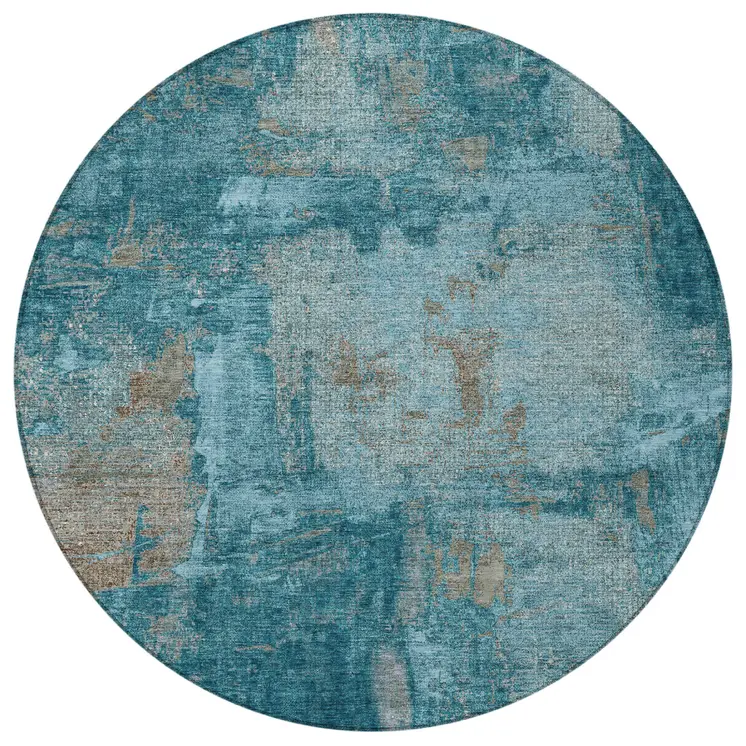 8' Teal Blue And Gray Round Abstract Washable Indoor Outdoor Area Rug