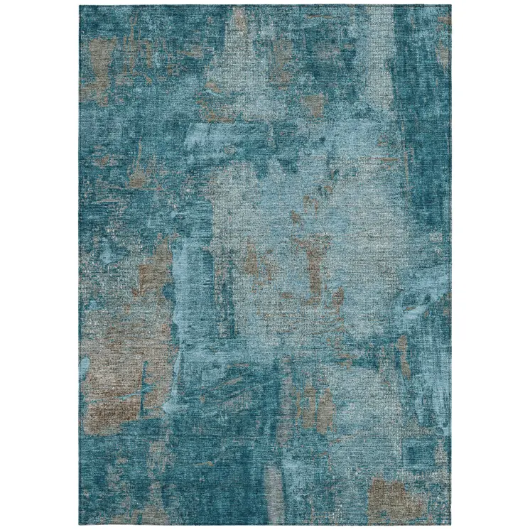 8' X 10' Teal Blue And Gray Abstract Washable Indoor Outdoor Area Rug