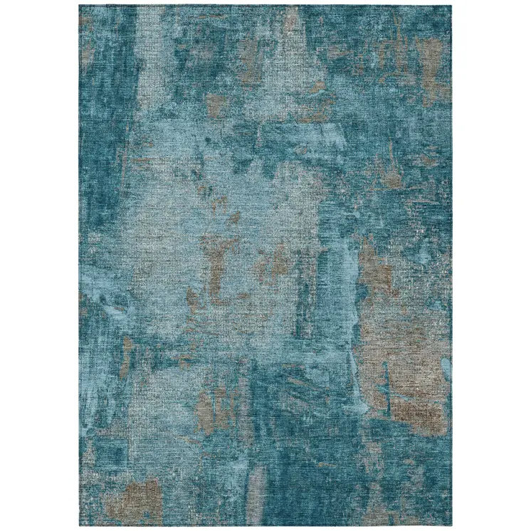 8' X 10' Teal Blue And Gray Abstract Washable Indoor Outdoor Area Rug