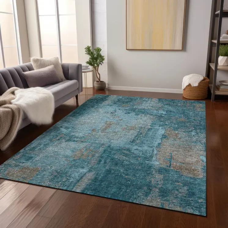 8' X 10' Teal Blue And Gray Abstract Washable Indoor Outdoor Area Rug