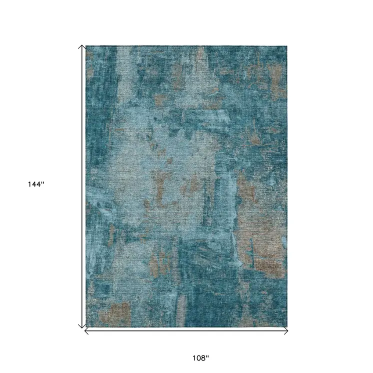 9' X 12' Teal Blue And Gray Abstract Washable Indoor Outdoor Area Rug