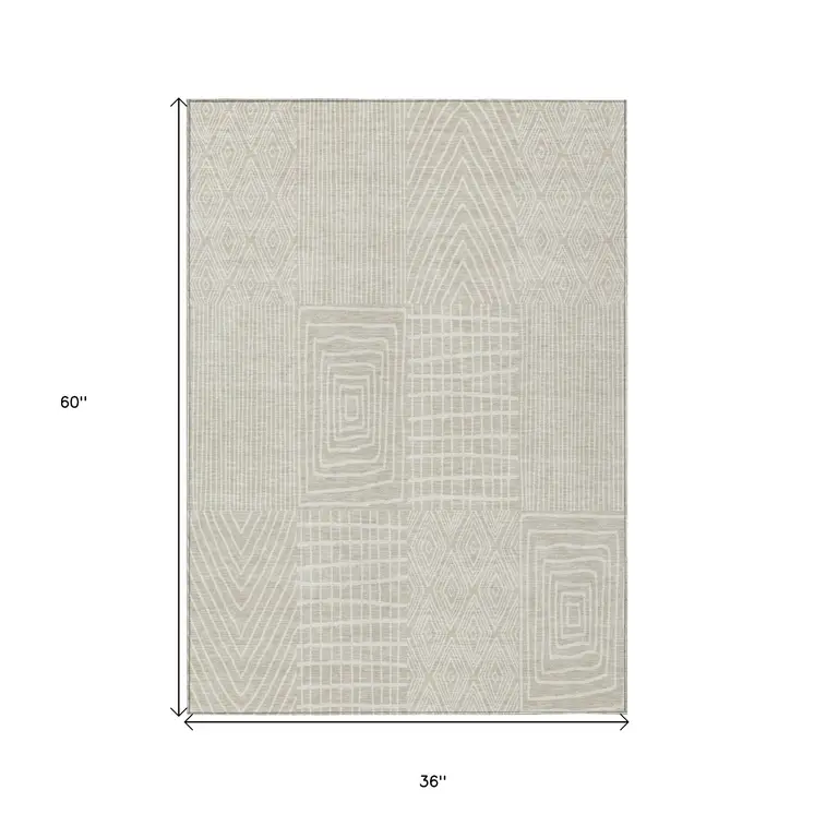3' X 5' Beige And Ivory Geometric Washable Indoor Outdoor Area Rug