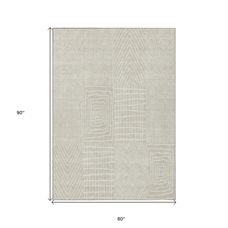 5' X 8' Beige And Ivory Geometric Washable Indoor Outdoor Area Rug