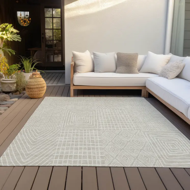 5' X 8' Beige And Ivory Geometric Washable Indoor Outdoor Area Rug