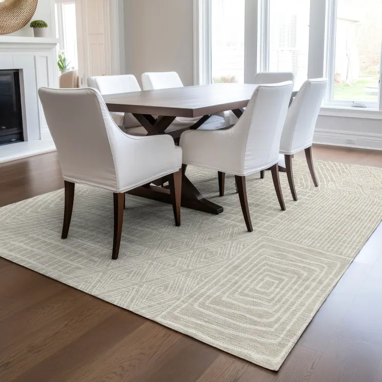 5' X 8' Beige And Ivory Geometric Washable Indoor Outdoor Area Rug